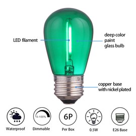 MAINDECO S14 Replacement LED Bulb, E26 Base,for Holiday and Party Outdoor String Light,6 Pack Clear Green