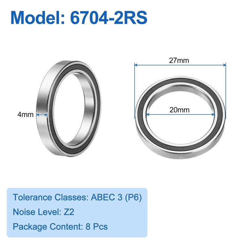 sourcing map 8pcs 6704-2RS Deep Groove Ball Bearings 20x27x4mm Chrome
