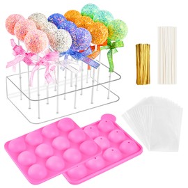 Kucoele Cake Pop Mold Set, Including 15 Hole Clear Acrylic Lollipop Display Stand Holder, 12 Cavity Pink Silicone Cake Pop Mold, Cake Pop Sticks Treats Bags and Twist Ties
