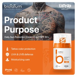 bioTaTum Sun Cream SPF 50+ - Natural UVA/UVB Sun Protection for Face & Body, Tattoo & Sensitive Skin, Fast Absorbent, Non-Greasy, Waterproof, Vegan - for Sports & Beach 50 ml