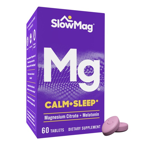 SlowMag MG Calm + Sleep Magnesium Citrate with Melatonin Supplement Tablets, 60 Count (Pack of 1)
