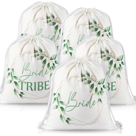 Weewooday Pack of 5 Cotton and Linen Bridal Gym Bags with Drawstring Including 1 Bride Bag and 4 Bride Tribe Backpack Canvas Bridal Shower Gifts for JGA Wedding Engagement, Flower wreath eucalyptus