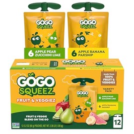 GoGo squeeZ No Sugar Added Fruit & veggieZ Applesauce and Puree Variety Pack, Apple Pear Zucchini Lime and Apple Banana Parsnip, 3.2 oz Pouches (Pack of 12), Fruit Snacks for Kids, Gluten Free, Nut Free, Recloseable Cap, BPA Free