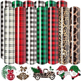 13Pcs Christmas Vinyl for Cricut,12x10 Inch Black White Red Green Plaid HTV Iron on, Leopard Pattern Print Vinyl Bundle for DIY T-Shirt