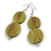 Earthy Harmony Olive Green Double Bead Wooden Dangle Earrings -