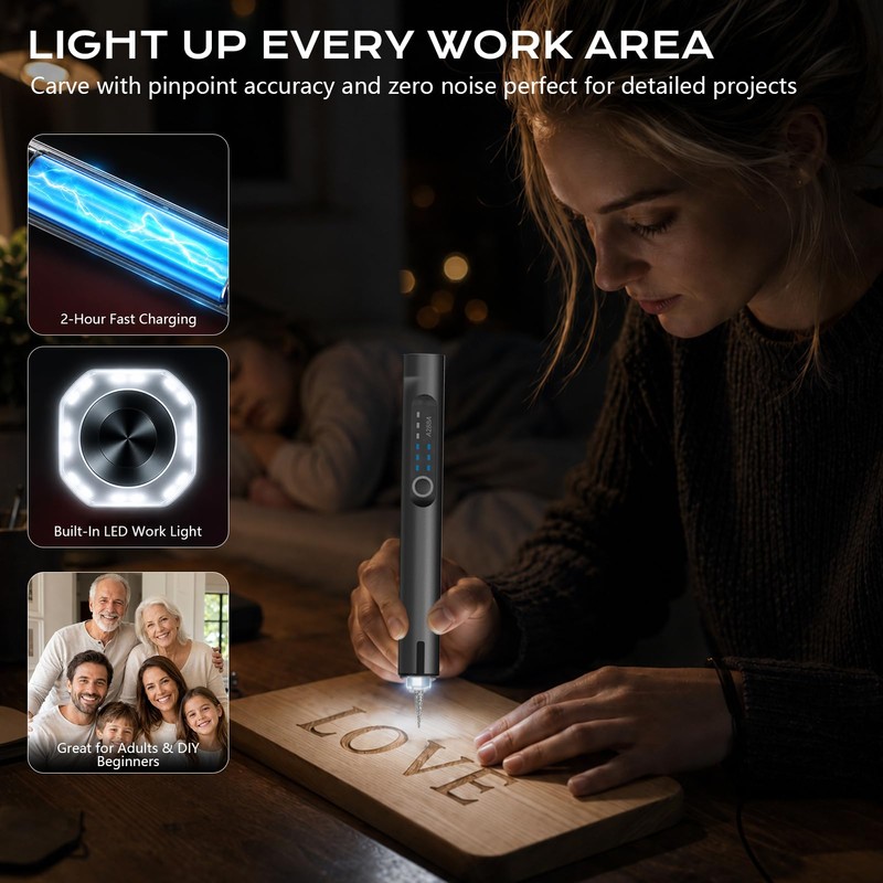 Apacal Cordless LED Engraving Pen, 3‑Speed Rechargeable Engraver, 30‑Bit DIY