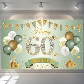 60th Birthday Banner Women Men Decoration Green Gold 60 Background Banner 60 Years Birthday Banner Extra Large Fabric Sign Poster for 60th Birthday Party Decoration