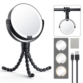 Gospire 5.85” Tripod Travel Makeup Mirror with Light and Magnification 1X/10X, 4 in 1 Winding Hanging Handheld Standing Mirror, 3 Color & Adjust Light Round Travel Mirror – Black