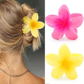 BARTOSI Flower Hair Claw Clips Hawaiian Plumeria Claw Clips Medium Floral Hair Clip Tropical Beach Hair Accessories for Women (Pack of 2) (A-Yellow & Pink)