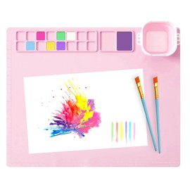 MEKOTRIN Silicone Painting Mat, 20"X16" Art Mat with Cup and Palettes, Silicone Craft Mat has 16 Color Dividers, Paint Mat for Artist Clay DIY Creations(Pink)