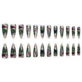 MISUD Press on Nails - Long Stiletto Glue on Nails with Cat Eye, Acrylic Goth Spider Web Design 24 pcs