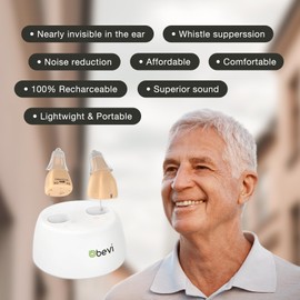 Hearing Aids for Seniors With Hearing Loss, Rechargeable Hearing Amplifiers with Noise Cancelling, OTC Hearing Aid Nearly Invisible, CIC Hearing Aids for Adults, Bevi Hearing Device, Charging Case, Volume Control, 1 Pair, Beige