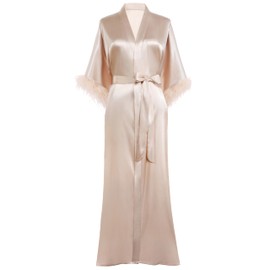 PRODESIGN Satin Kimono Robe Long Silky Bath Robe with Ostrich Feather Trim Sleepwear Wedding Bridesmaid Robe Champagne