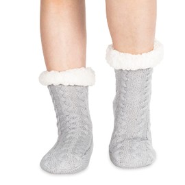 Polar Ladies Slipper Socks - Soft Fleece Lined Socks with Sole Grips - Gift Wrapping - Cosy Gift for Her - Insulated Warm Fluffy Bed Socks with Sherpa Lining - Thick, gray, M