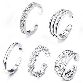 LEEQBCR 5 Pieces 925 Sterling Silver Toe Rings for Women Open Adjustable Band Rings Jewelry Set, Sterling Silver