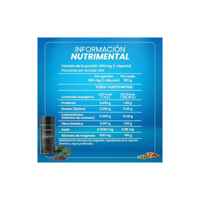 Nuboost Glicinato Magnesio 500 240 Cápsulas Alta Absorción Hecho Usa