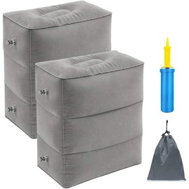 Inflatable Travel Foot Rest Pillow Portable Adjustable Three Layers Height Foot Stool for Airplanes, Cars, Home, Trains, Office to Lay Down or Sleep on Long Flights with Pump … (Grey (2PACK))