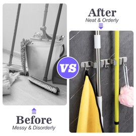 JMGO 2pcs Mop and Broom Holder Wall Mount Durable Stainless Steel Broom Hanger Cleaning Supplies Organizer Storage Tool Racks for Home Kitchen Garden Garage Laundry Room