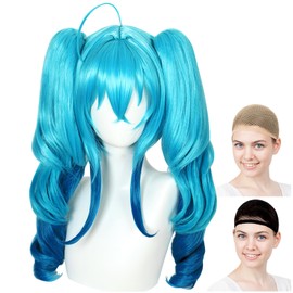 CaseEden WIG6021 Cosplay Wig, Full Wig, Heat Resistant, Long Hair, Twin Tails, Hair Included, Mint Blue