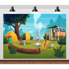 Loccor 5x4ft Fabric Cartoon Camping Backdrop Mountain Forest Campsite with Camping Tent Guitar Campfire Background for Outdoor Camping Theme Party Decorations Kids Baby Shower Photo Props