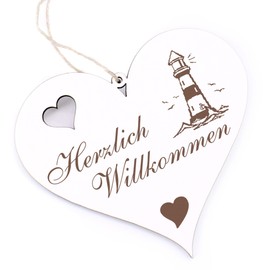 Herzlich Willkommen Sign, Lighthouse with Birds, Decorative Heart, Wooden Welcome Sign, Door Sign, Door Decoration
