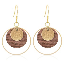 Sterling Silver Boho Disc Earrings for Women Trendy Wood and Gold Circle Drop Dangle Earrings Wooden Lightweight Hypoallergenic Bohemian Jewelry