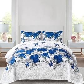 Yiran Floral Quilt Set Queen Size Elegant Blue Rose Bedding Bedspreads 3 Pieces Lightweight Microfiber Coverlet Sets with 2 Pillow Shams for All Season (90"x96")