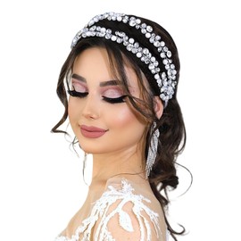 JHOO Bridal Double Row Pearl Headband, Wedding Rhinestone Hairband, Silver Crystal Hair Accessories for Ladies, Brides and Bridesmaids HP833