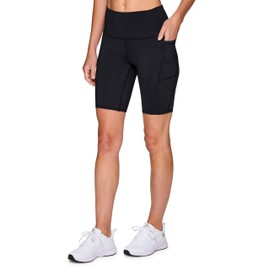 RBX Pantalones cortos de ciclista activa para mujer, pantalones cortos de yoga a prueba de sentadillas, pantalones cortos de elastano de cintura alta con bolsillos, negro de 9 pulgadas., L