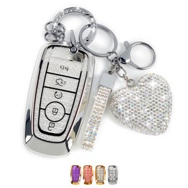 Nomiyo Key Fob Cover with Diamond Bling Keychain for Women, Compatible with Ford Fusion Escape Expedition Explorer Edge F150 F250 F350 etc, TPU Key Case and Elegant Heart Key Chain (Silver, 1PCS)