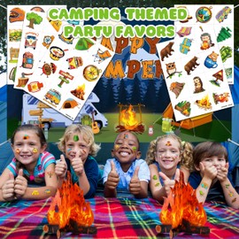 60 PCS Camping Camp Camper Campfire Pre-Cut Temporary Tattoos for Kids | Super Cute Themed Birthday Party Favors, Supplies, Decorations, Fake Tattoo Stickers, School Rewards Prizes & Gifts Boys Girls