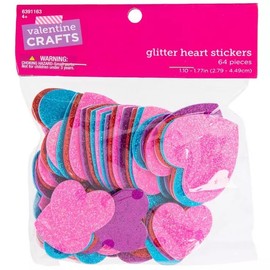 Valentine's Day Glitter Heart Stickers - Red, Pink, Purple, Blue - 64 Pieces