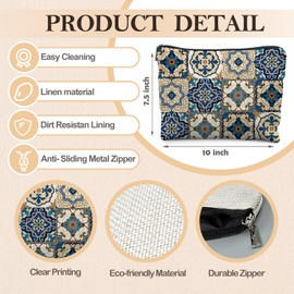 RYYCDOI Vintage Mediterranean Floral Makeup Bag, Classical Moroccan Portuguese Tile Abstract Cosmetic Bags for Women, Boho Mid Century Modern Makeup Zipper Pouch