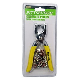 Pittsburg Tools Grommet Pliers with 100 Grommets (50 Steel, 25 Copper, 25 Brass), 3/16" Grommet Kit for Belts, Shoes, Tents & More, Yellow, Ages 6+