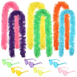 6 Sets Fluffy Feather Boas, Includes 4.9 ft Artificial Boas and Heart-Shaped Sunglasses, Birthday Party Accessories, Dancing Party Favors, Vibrant Colors, Ideal for Carnivals and Celebrations