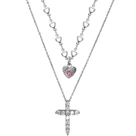 Buyongwant Heart Shaped Necklace for Women Irregular Y2k Cross Pendant Double Layered Necklace Silver Jewelry