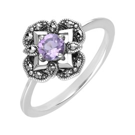 Esse Marcasite Sterling Silver Art Nouveau Amethyst & Marcasite Floral Ring (P)