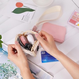 Oyachic Purse Wristlet Wallets Small Purse Dual Pouch Coin Purse Women's Purse Coin Bag with Zip Wallet, Beige and pink, purse