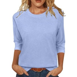 JomeDesign Womens Summer Tops 2025 Round Neck 3/4 Sleeve Shirts Casual Tunics or Tops to Wear with Leggings Light Blue