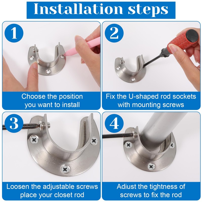 24 Pack Stainless Steel Closet Rod Brackets, U-Shaped Heavy Duty