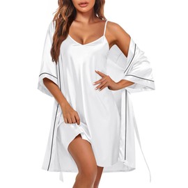 Ekouaer Women's Silk Robe Set V Neck 2 Piece Satin Bathrobes 3/4 Sleeves Bridal Sleepwear Sexy Cami Nightgown