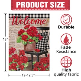 Dyrenson Welcome Spring Geranium Red Flower Decorative Garden Flag, Black White Buffalo Plaid Floral Pot Chair House Yard Outside Decorations, Summer Farmhouse Vintage Rustic Outdoor Small Decor 12x18
