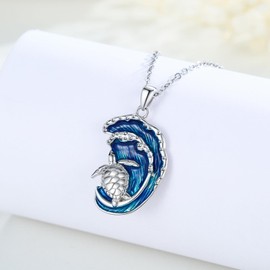 AENEAS Ocean Necklace 925 Sterling Silver Sea Turtle Wave Pendant Necklace Sea Turtle Ocean Jewelry Gift for Women Wife Her