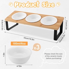 Ceramic Elevated Cat Bowls, Raised Puppy Dishes for Food and Water, Tilted Bamboo Stand for Anti Vomiting, Indoor 4.7 inch Wide Three Bowls Dish& Silicone Mat