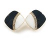 Dark Blue/White Enamel Crystal Square Clip On Earrings In Gold