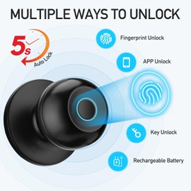 DSJJBLL Fingerprint Door Lock, Smart Door Knob with Lock, Biometric Door Lock with App Control & Key, Keyless Door Locks for Bedrooms, Front Door, Home, Finger Print Door Knobs Black, 1 Pack