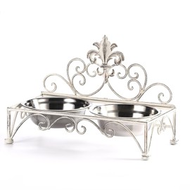 Oligsky Iron Dog Cat Bowls Elevated - Dog Cat Food and Water Dish Bowl Set - Raised Small Dog Cat Bowl Stand - Antique White