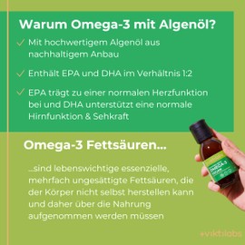 Viktilabs© - Omega 3 Algenöl vegan | Totox-Wert ≤ 5 | Hochdosierte Formel: Enthält 3,86 g Algenöl pro Tagesdosis mit 579 mg EPA und 1158 mg DHA | Ergänzt durch Vitamin D3 und Olivenöl | 1x Flasche