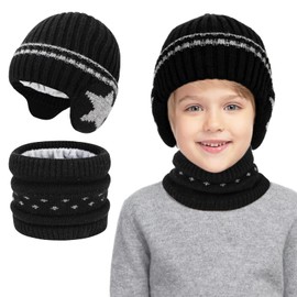 TAGVO Kids Beanie Hat and Scarf Set for Boys, Winter Cold Weather Accessories Set, Warm Thermal Knitted Beanie Hat Neck Warmer Knited Warm Set with Fleece Lining Earmuffs for Children Aged 2-6