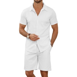 MLANM Men's 2 Piece Outfit Summer Short Sleeve Button Down Shirts and Shorts Sets with Pockets L-White